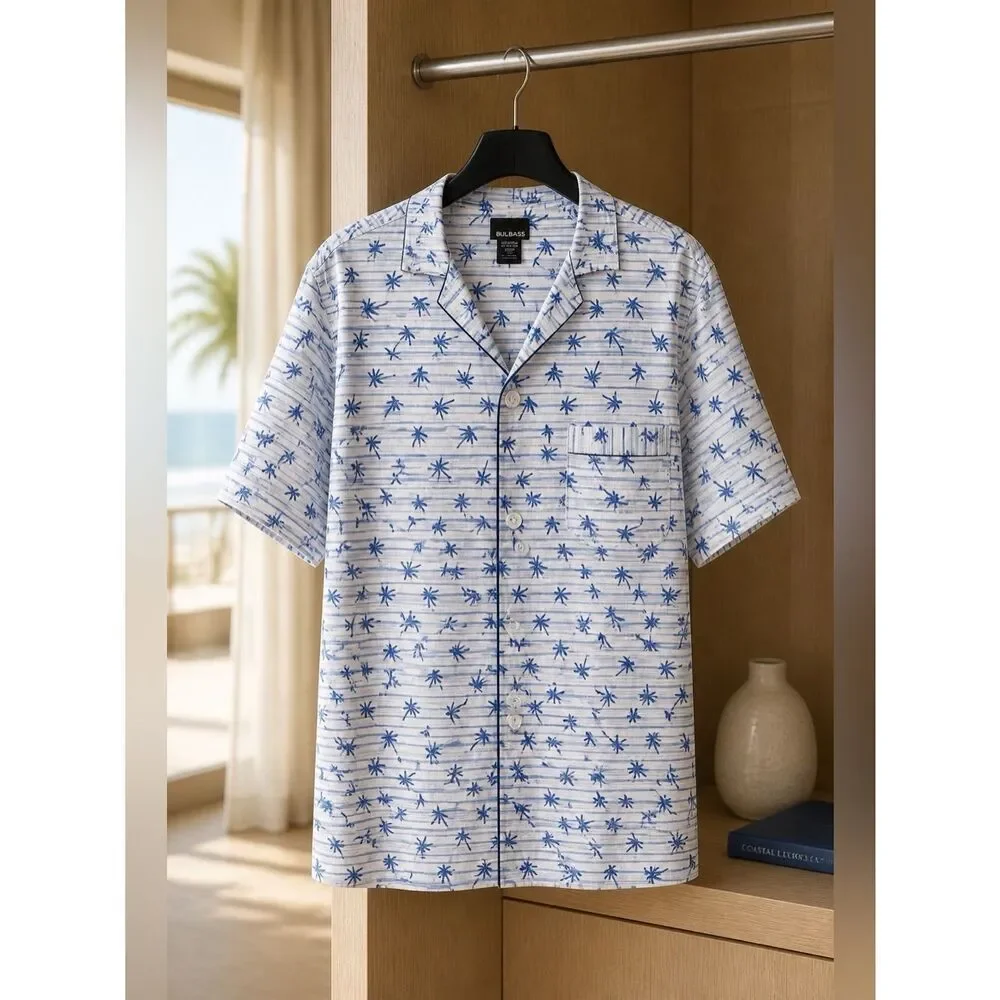 COLAR LESS V-NECK SHORT SLEEVE TROPICAL SHIRT by BILL BLASS SIZE LARGE